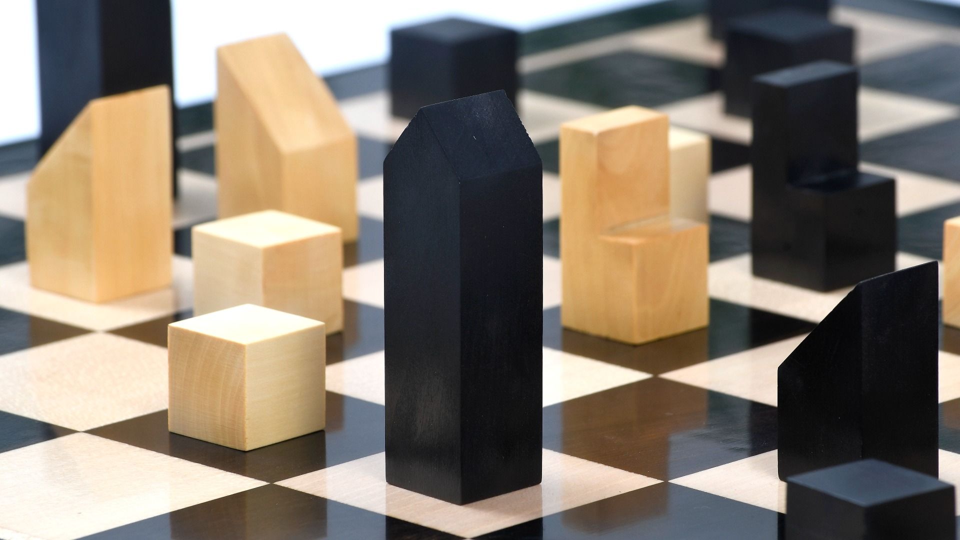 Full 34 piece 1966 Lanier Graham chess set in ebonised and natural boxwood, Sterling Chess Australia