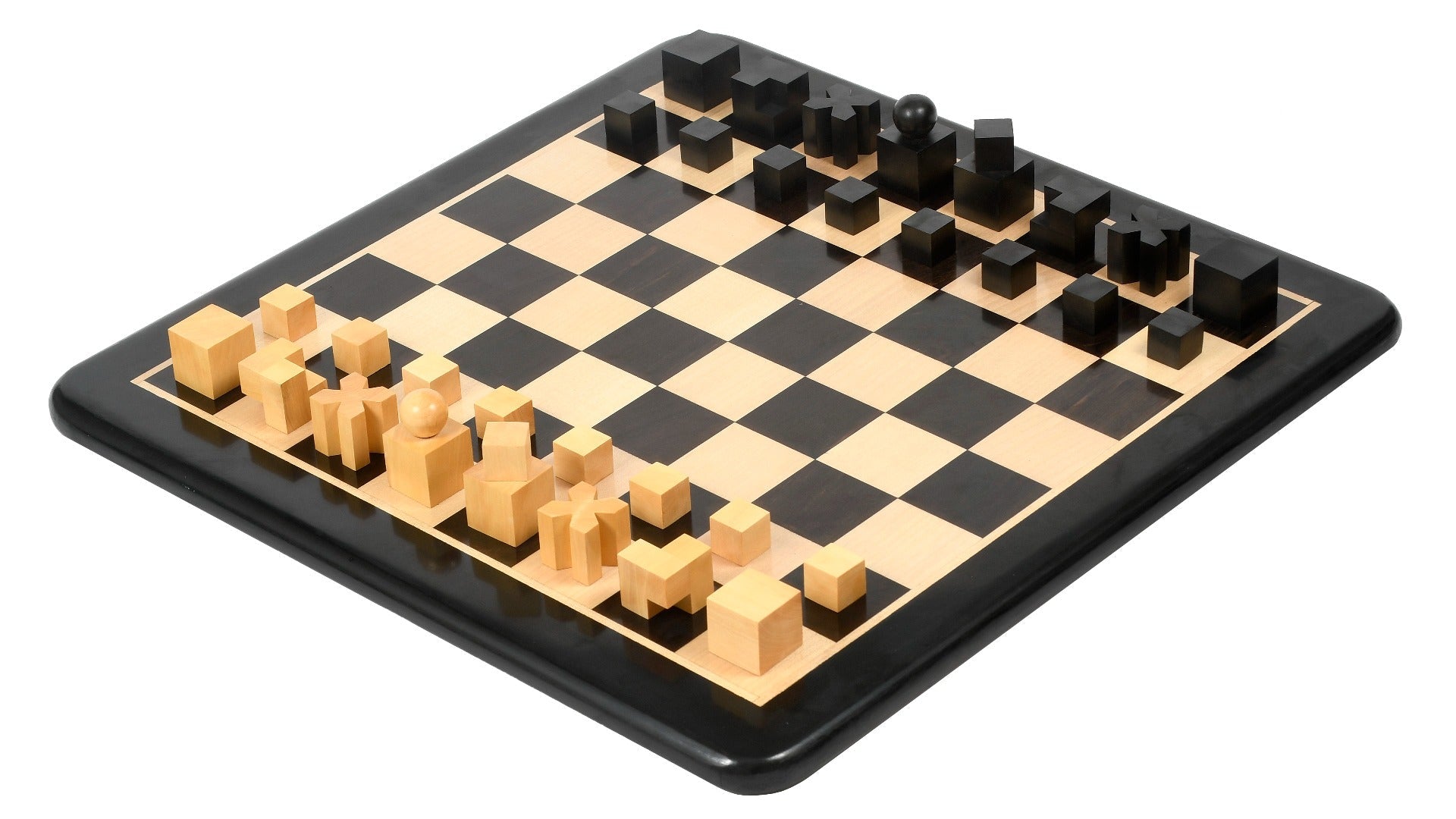 Knight carving detail on the 1924 Bauhaus Geometrical chess pieces in ebonised and natural boxwood