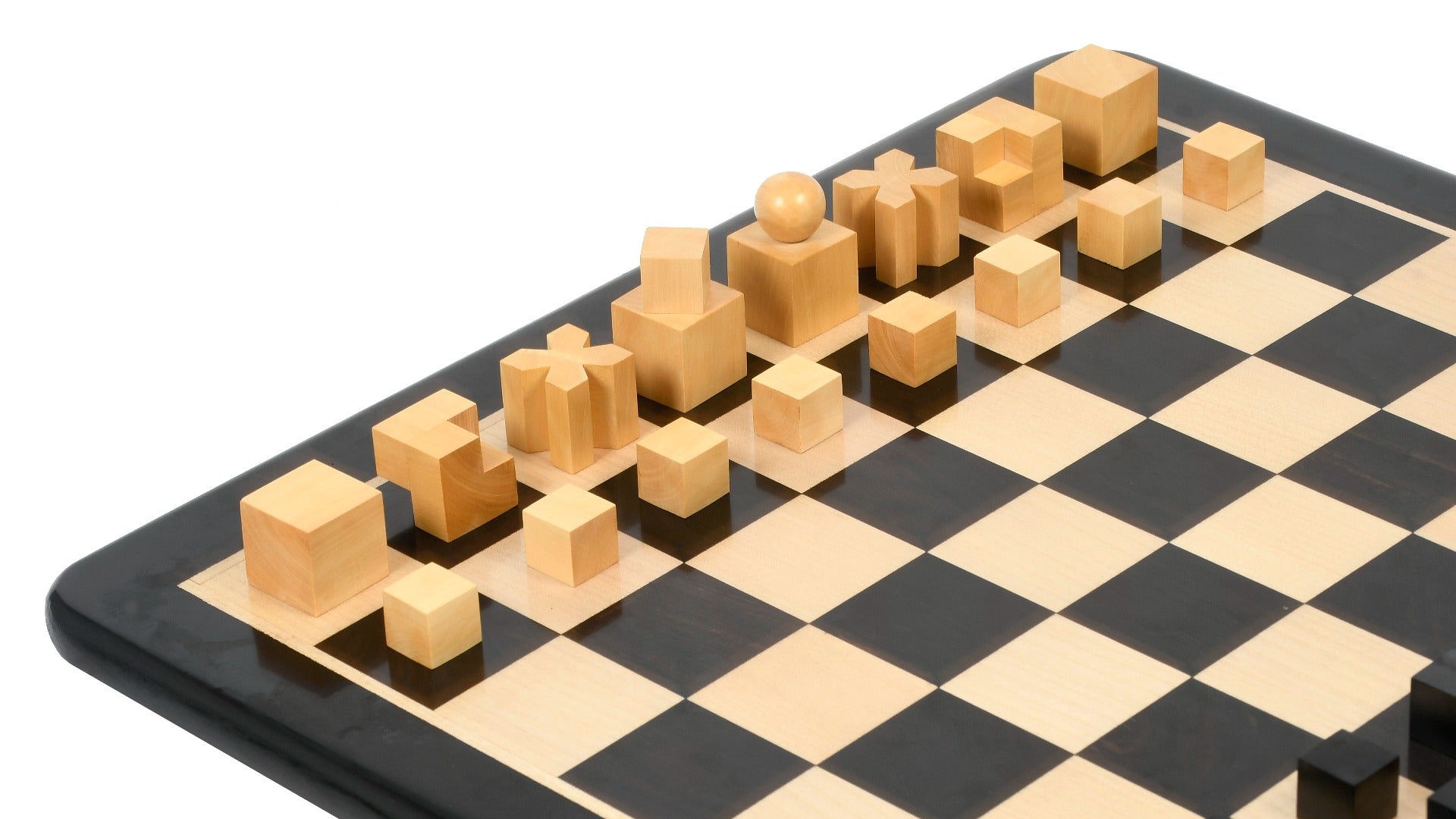 Knight carving detail on the 1924 Bauhaus Geometrical chess set in ebonised and natural boxwood