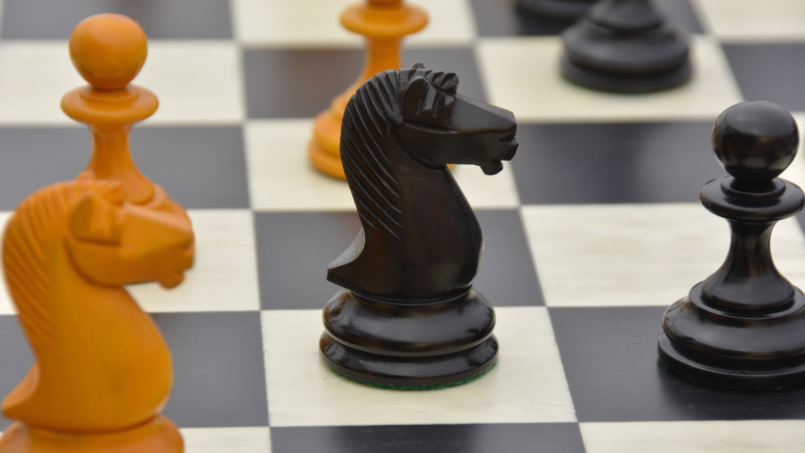 B and Co 1860s Antique chess set at 100mm, Genuine ebony pieces with the included board, 60cm Anigre & Maple