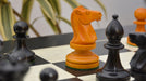 Knight carving detail on the 1904 Cambridge Springs Tournament chess set in ebonised and antiqued boxwood