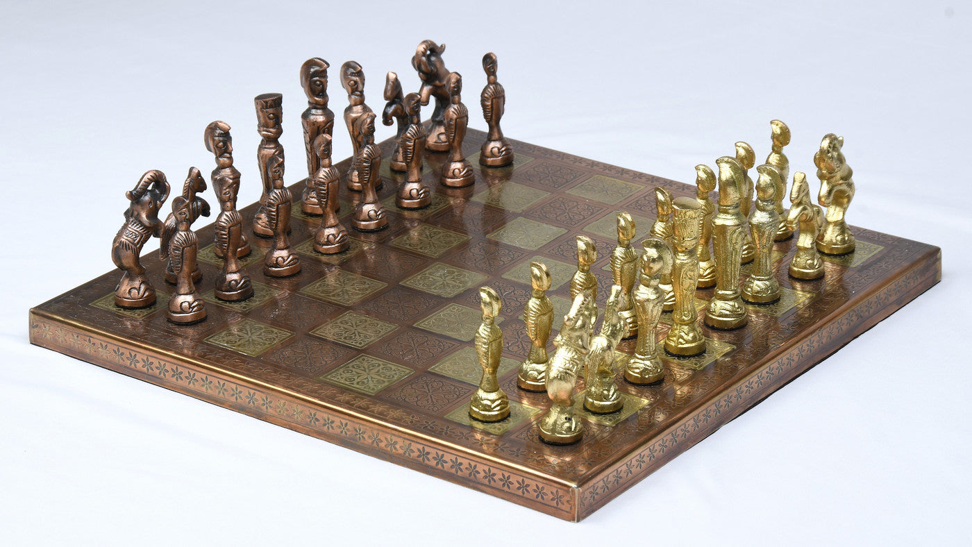 Antique finish brass chess set arranged on 40mm squares