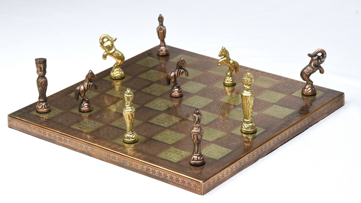 Antique brass and gold vintage figure chess pieces with a 92mm king