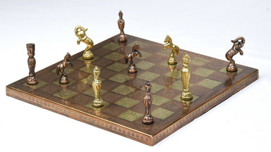 Antique brass and gold vintage figure chess pieces with a 92mm king