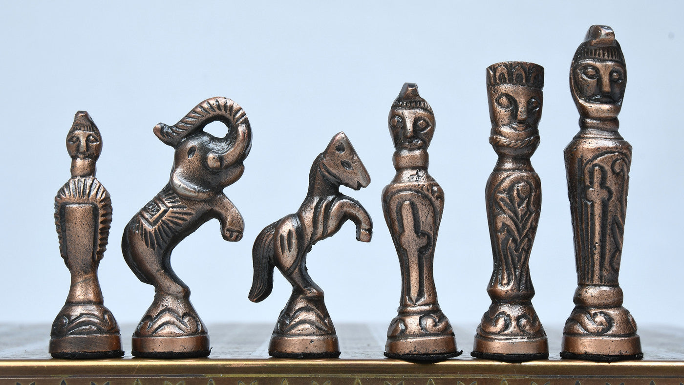 Antique brass and gold brass chess set, full army in playing position