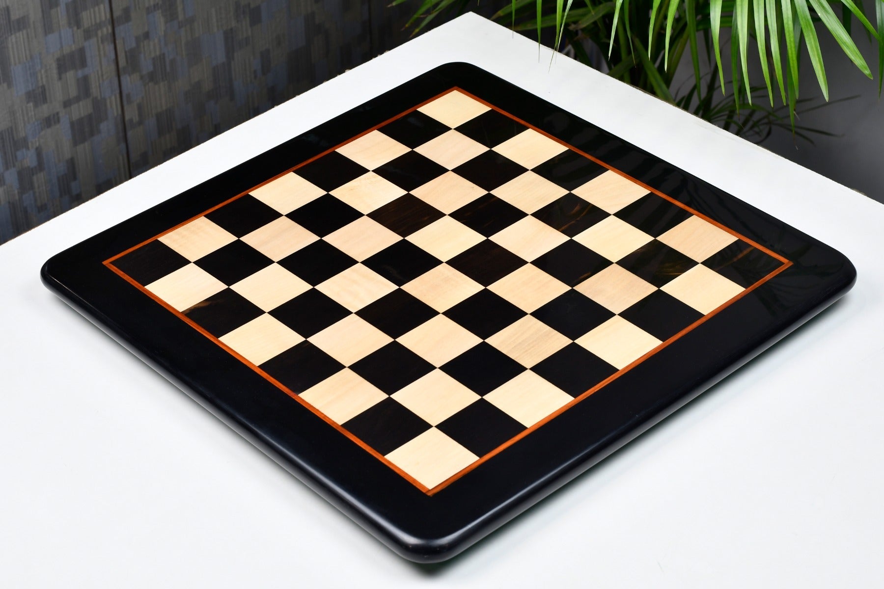 Ebony and maple 18 inch chess board, edge view