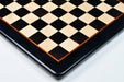 Ebony and maple 18 inch chess board photographed from above