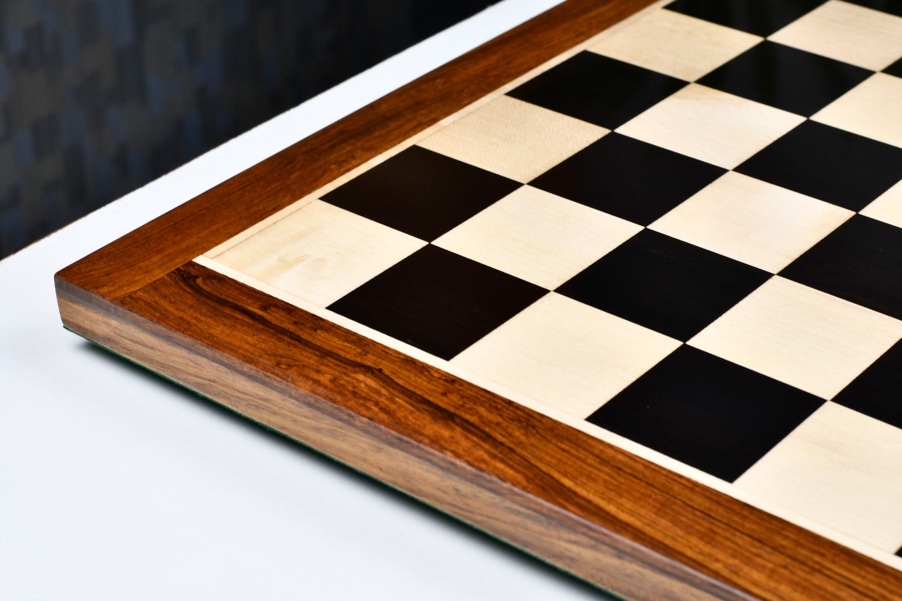 Indian ebony and maple 19 inch chess board with a sheesham border