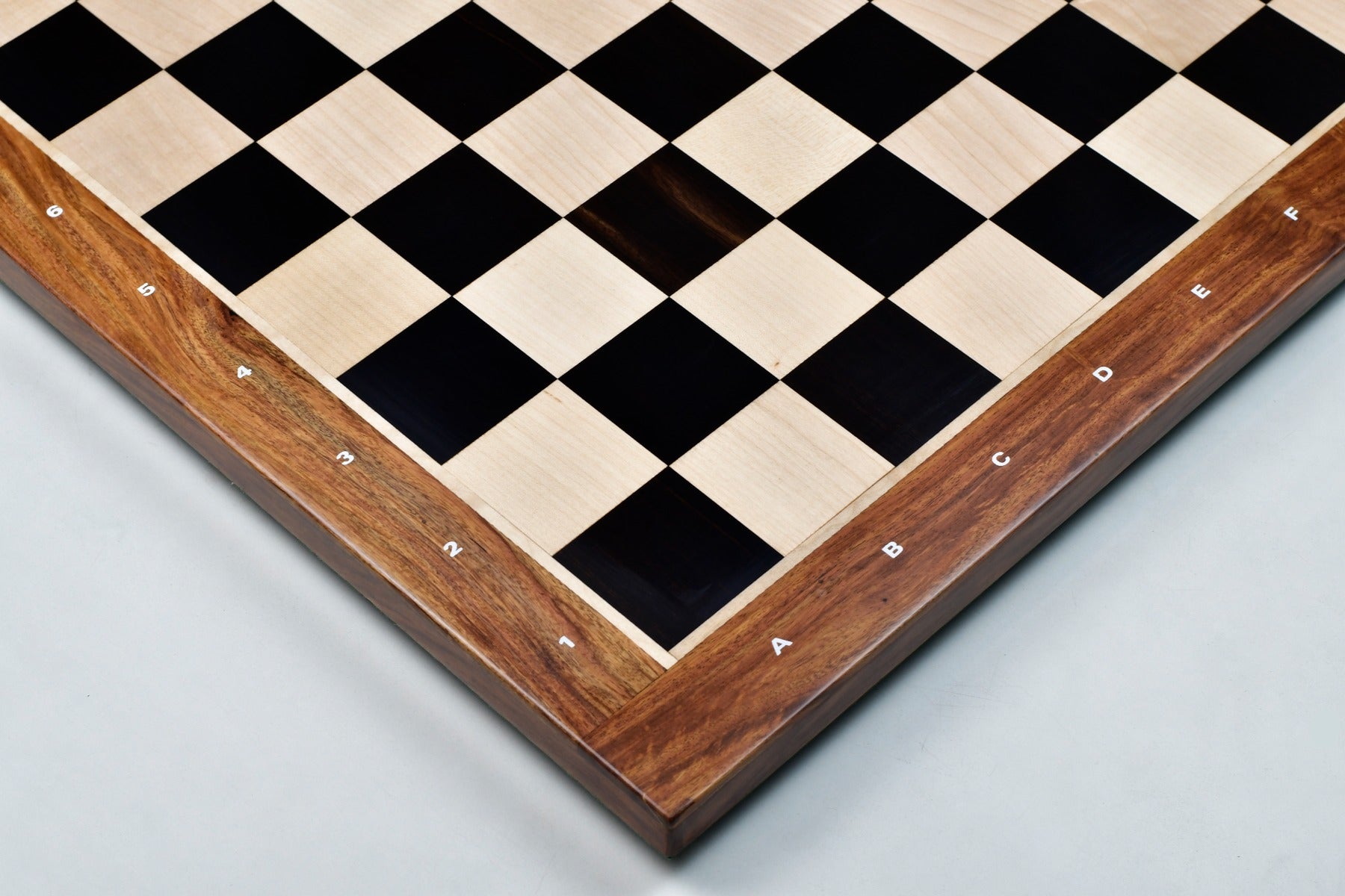 Ebony and maple notation chess board with sheesham border, from above