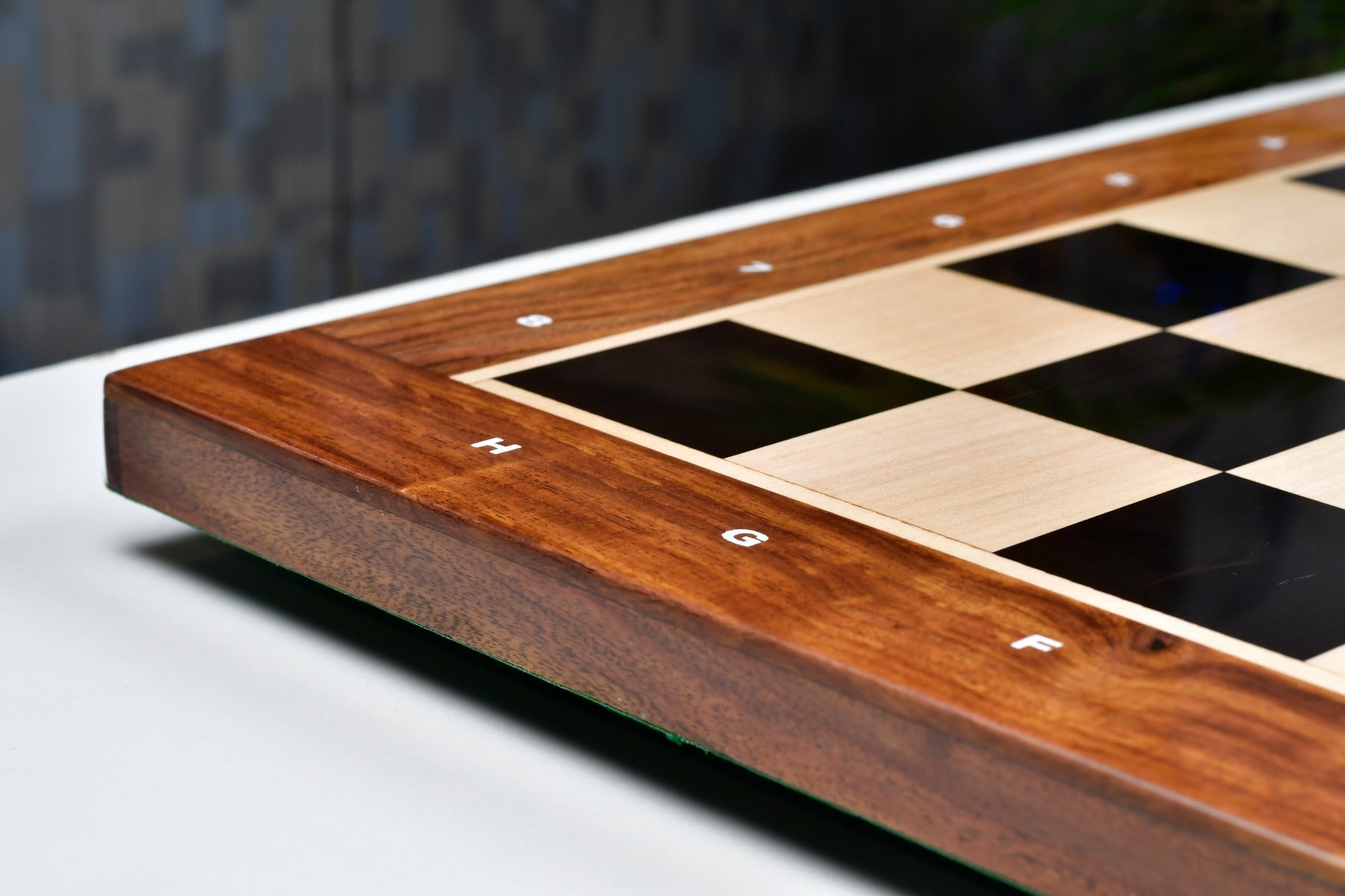 Indian ebony and maple notation chess board with a sheesham border