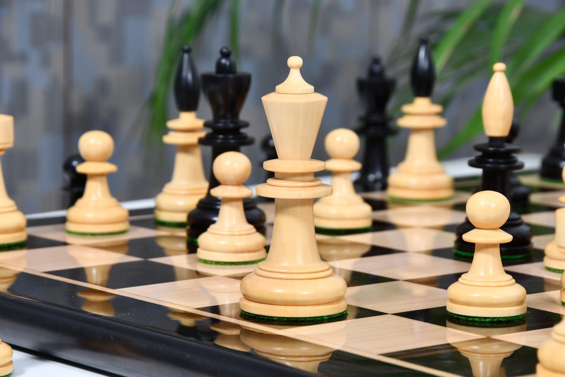 Full 34 piece Reproduced Hungarian chess set in ebonised and natural boxwood, Sterling Chess Australia