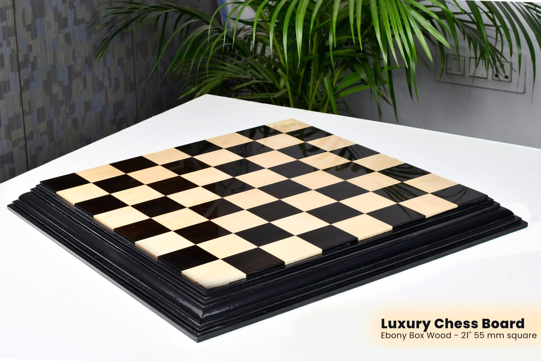 Indian luxury ebony and boxwood chess board, green velvet underside
