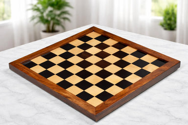 Ebony and maple chess board with a sheesham frame, 55cm with 60mm squares