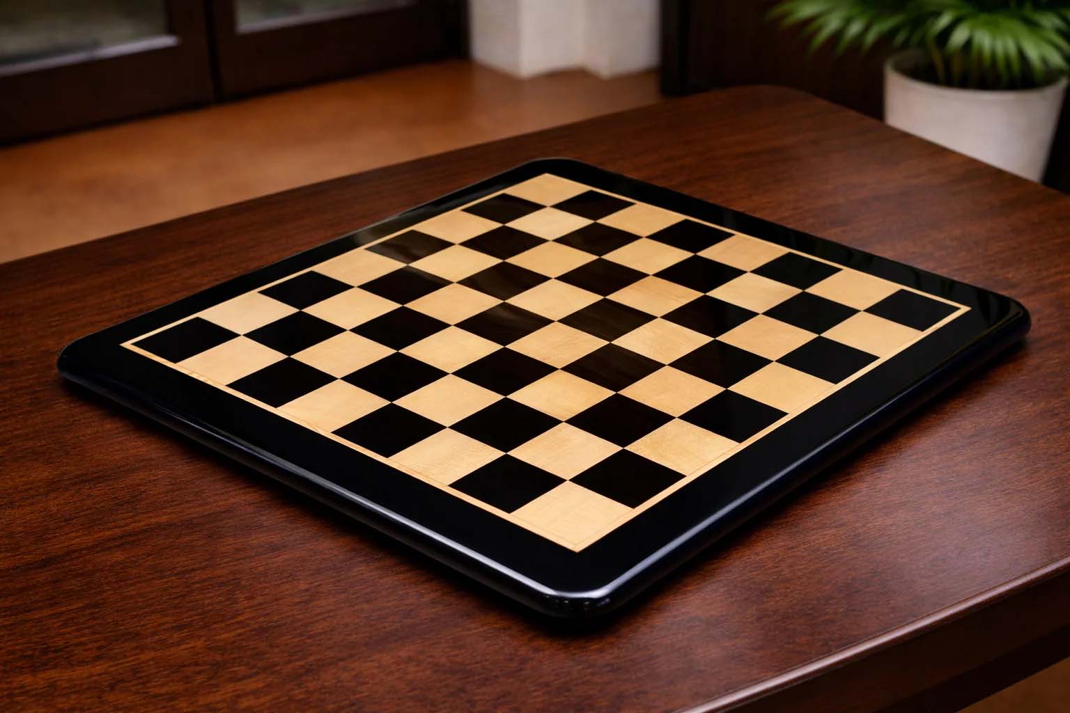 Ebony and maple chess board, 53cm with 55mm squares