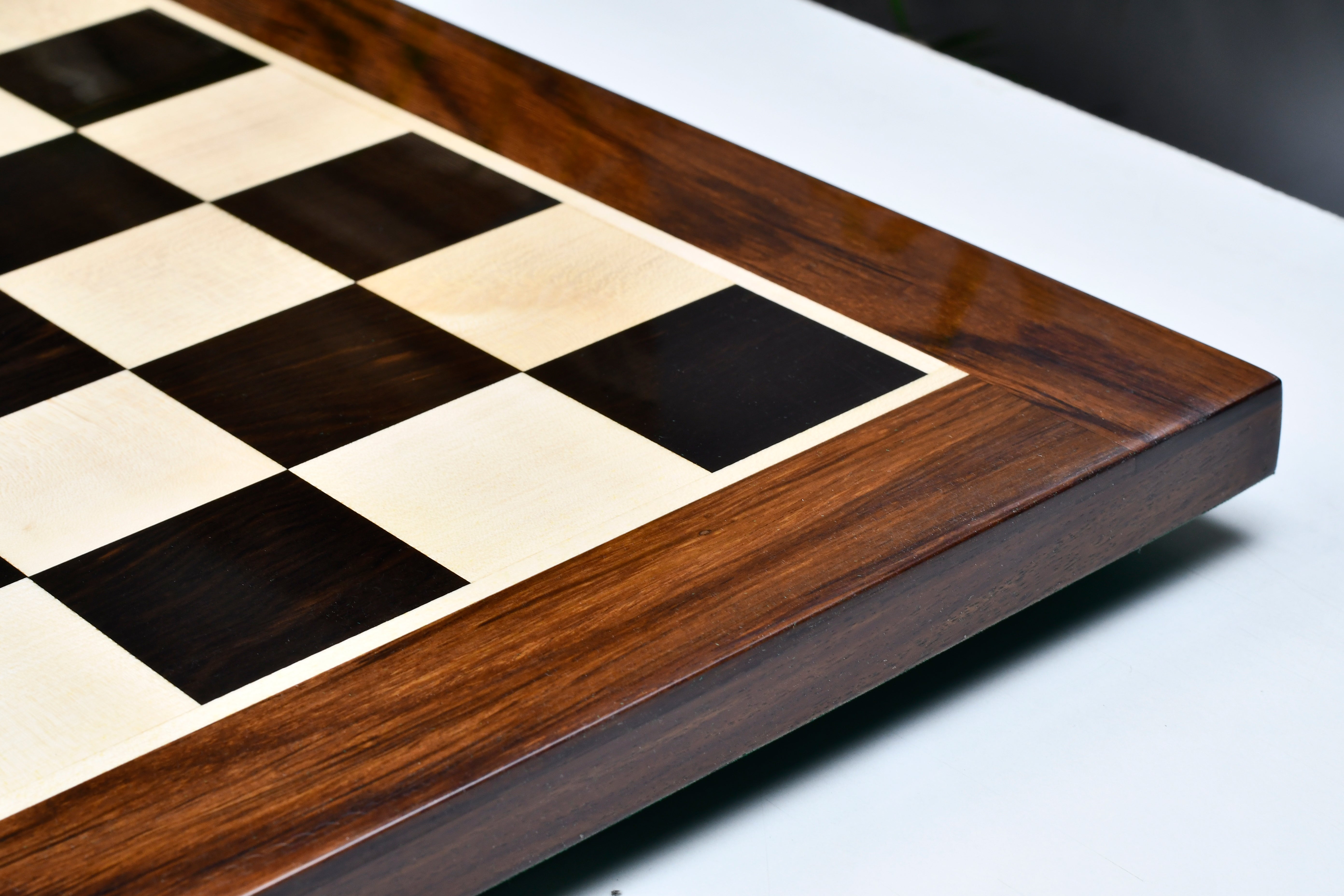 Ebony and maple chess board with sheesham border, from above