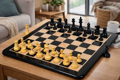 Reproduction 1849 Original Staunton chess set in ebony and boxwood with a 53cm board