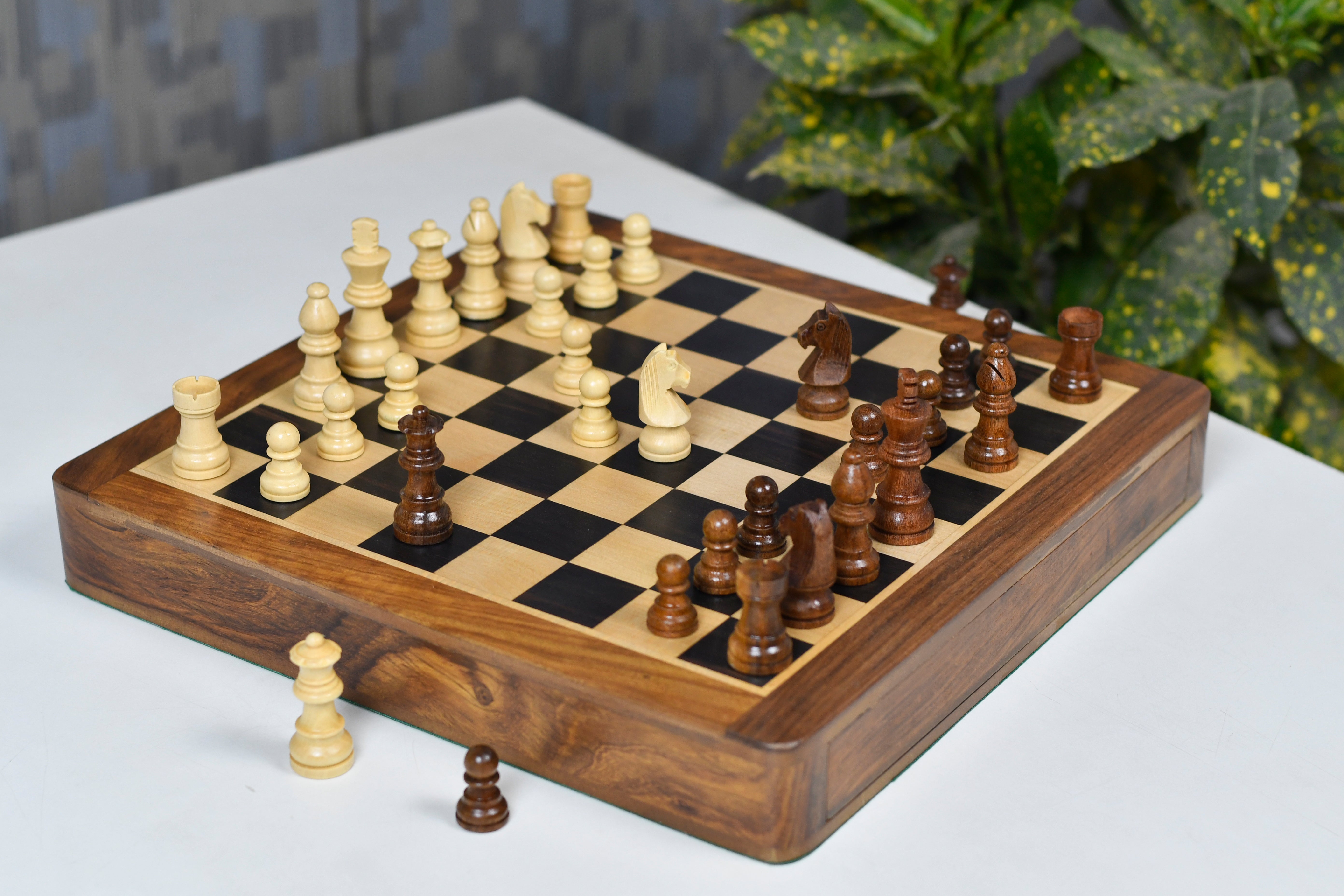Full 12 Inch Magnetic Travel chess set with its 30cm ebony and maple travel board, from Sterling Chess