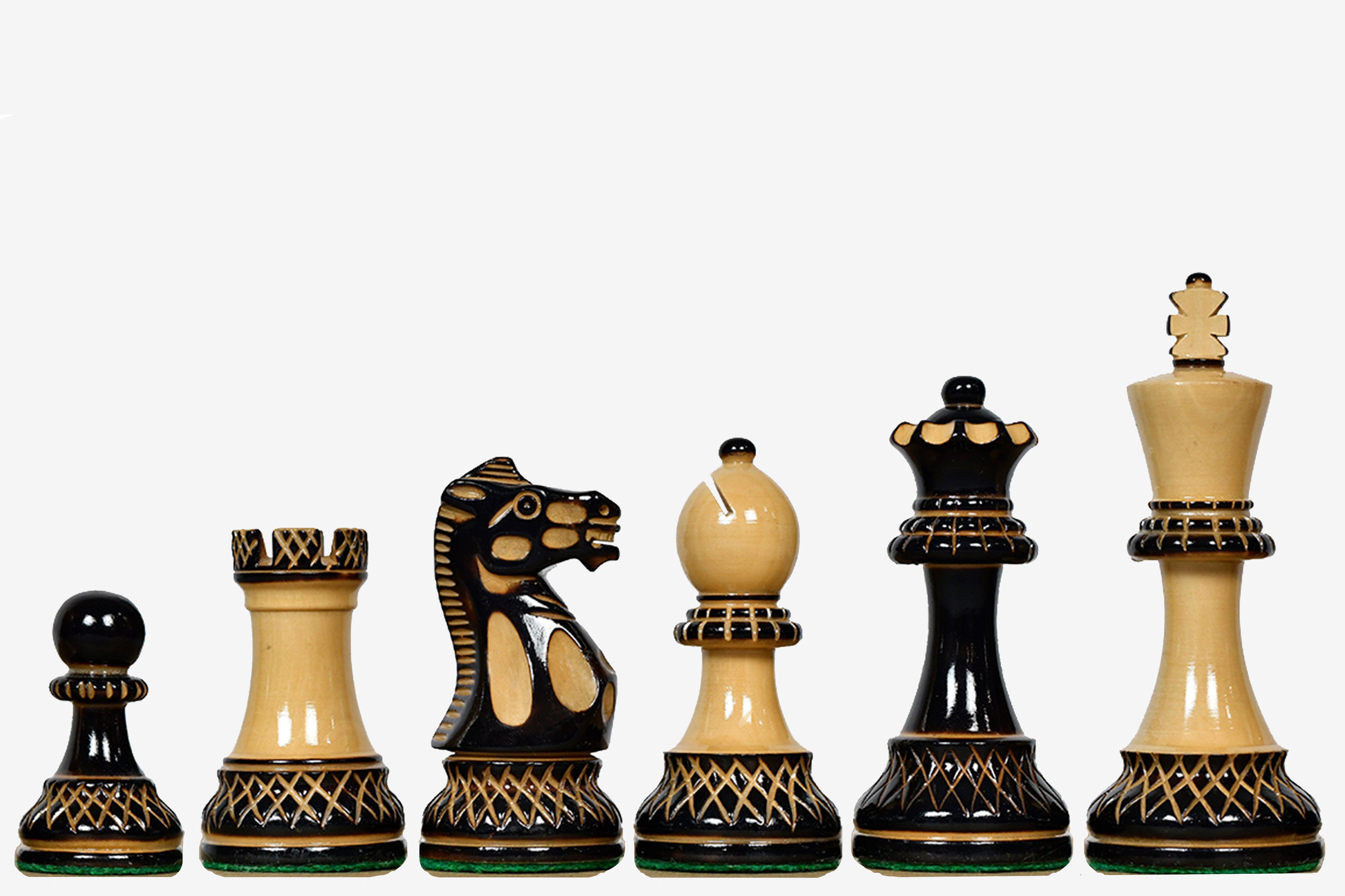 Sterling Chess Parker Staunton Lacquered chess pieces in burnt and natural boxwood, 99mm king