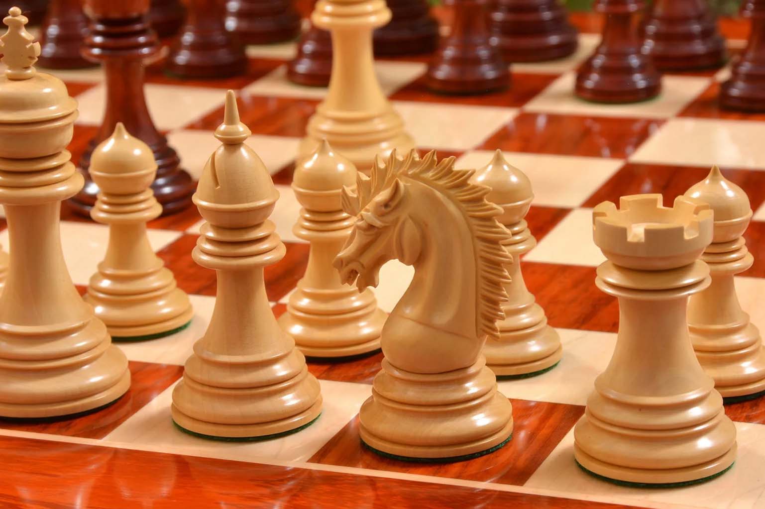 Knight carving detail on the Ferocious Elite Series chess set in bud rosewood and boxwood