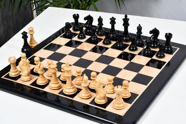 Fierce Knight Staunton chess pieces with a 103mm king in ebonised boxwood
