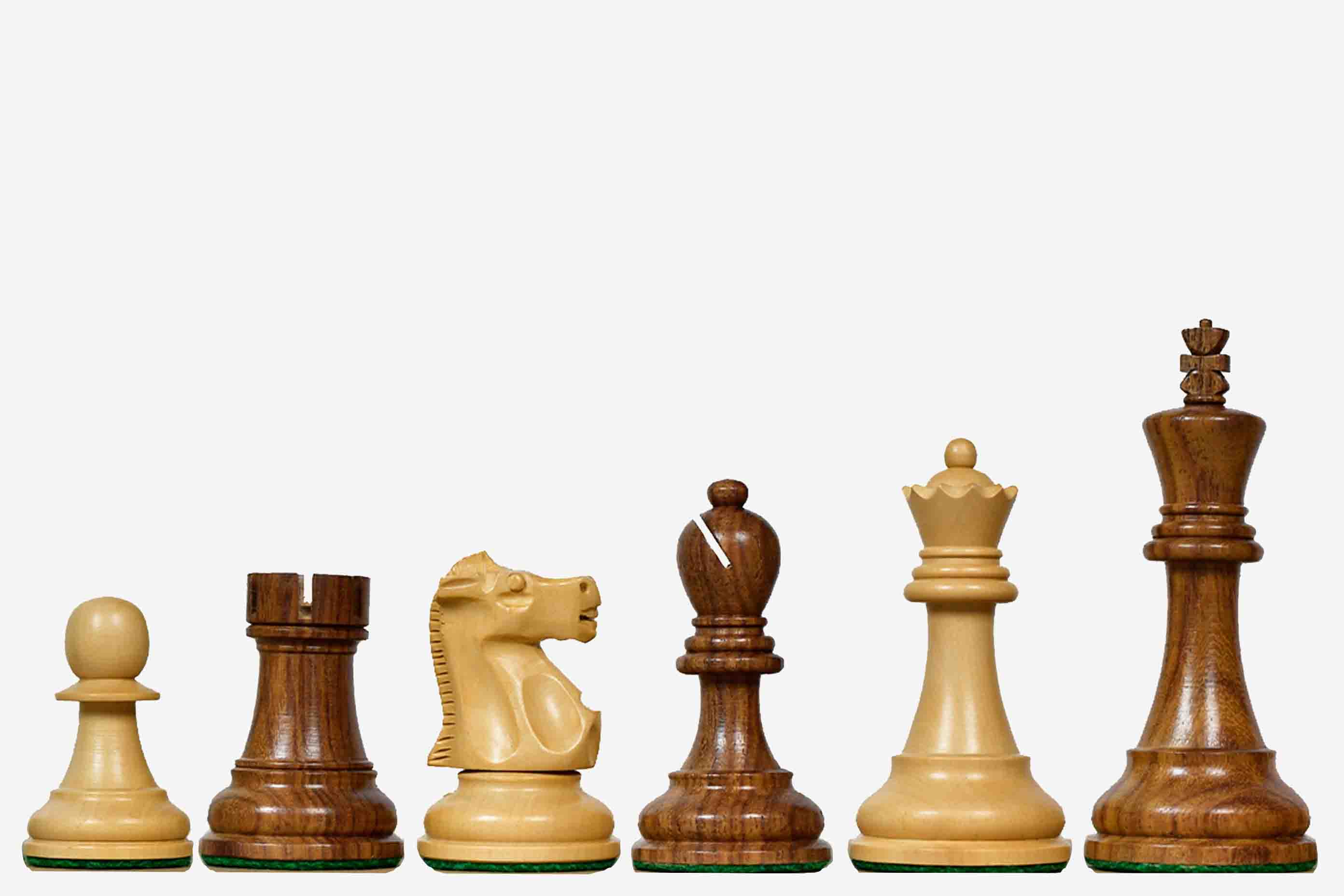 Sterling Chess 1972 Fischer Spassky chess pieces in sheesham and boxwood, 96mm king