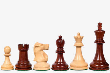 Sterling Chess 1972 Fischer Spassky chess pieces in bud rosewood and boxwood, 96mm king