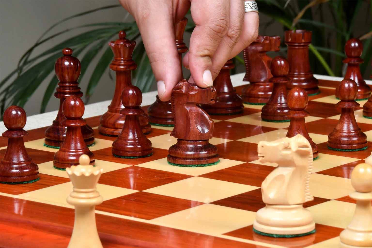 Knight carving detail on the 1972 Fischer Spassky chess pieces in bud rosewood and boxwood