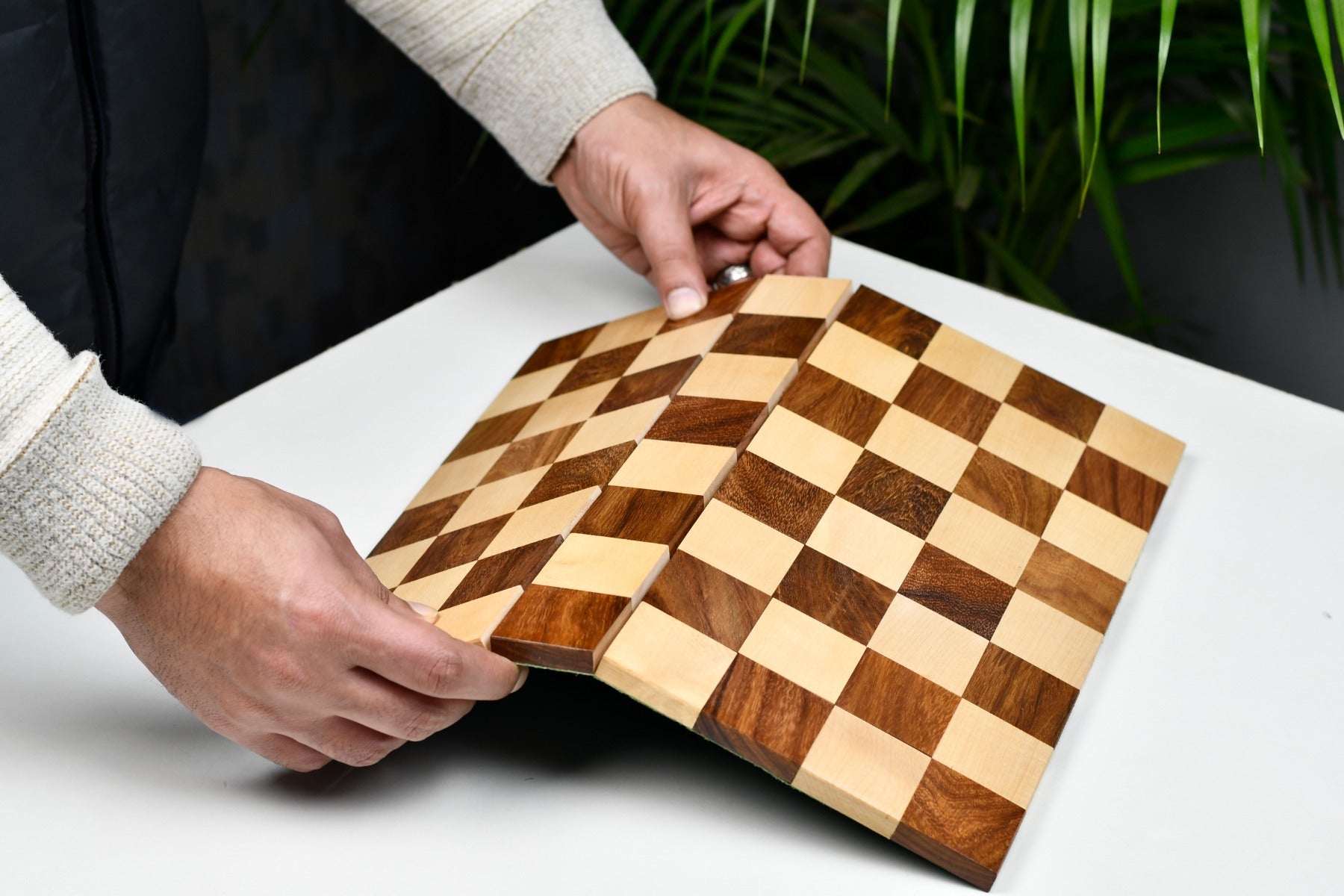 Folding sheesham and maple chess board opened flat