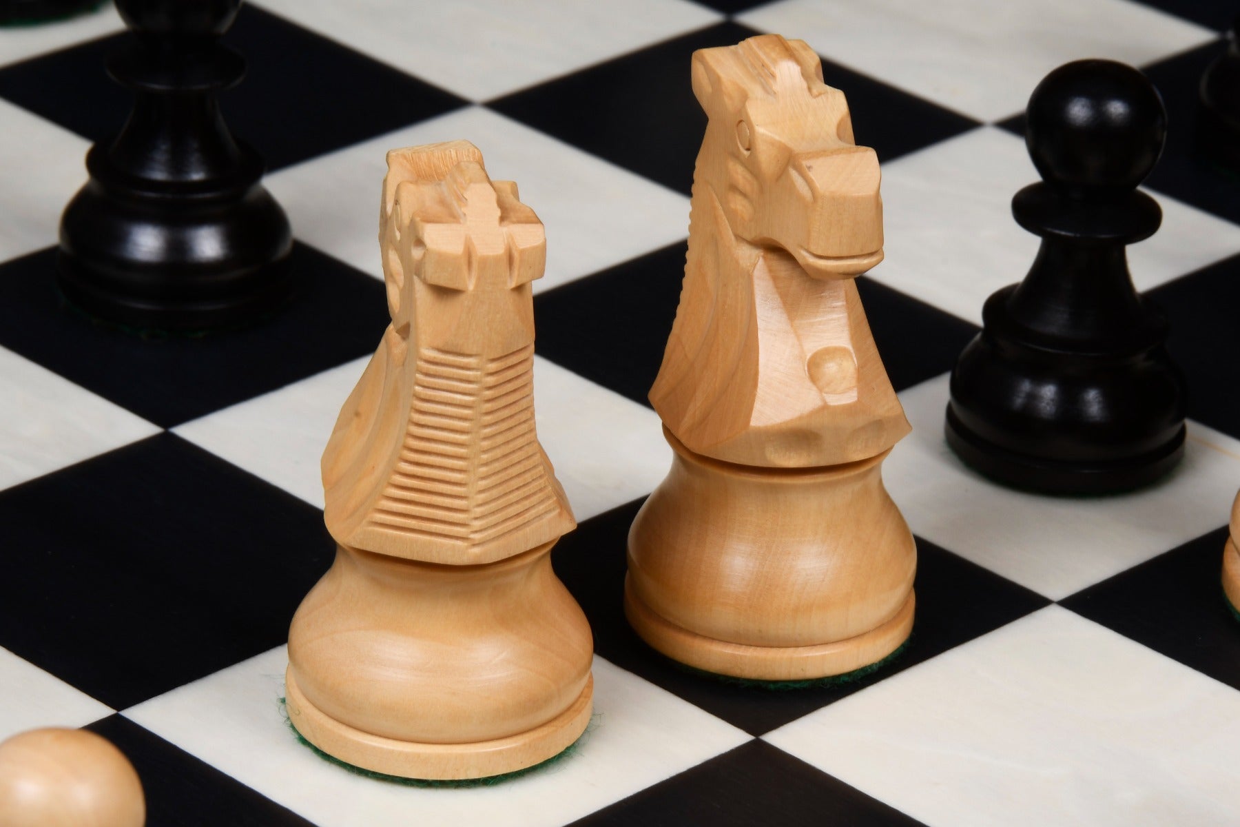 Double weighted ebonised boxwood French Lardy chess pieces for 50mm to 55mm squares