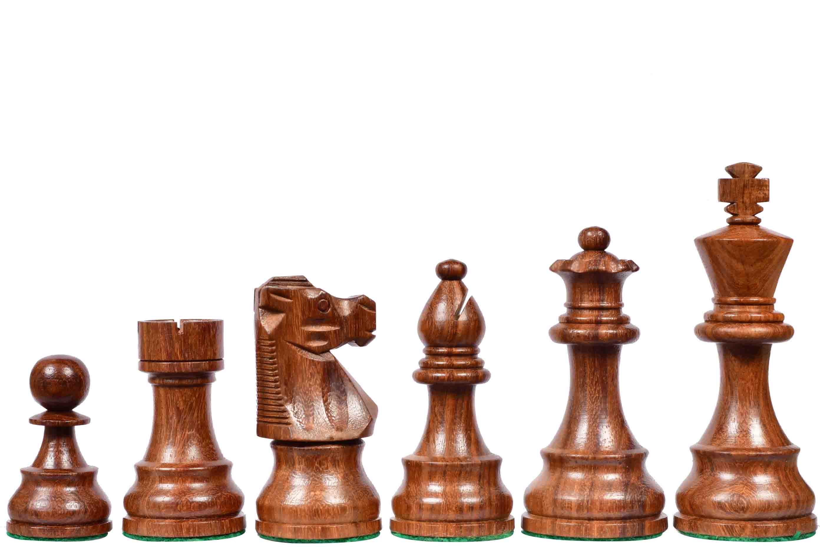 Sheesham rosewood and natural boxwood French Lardy Staunton chess pieces, 95mm king