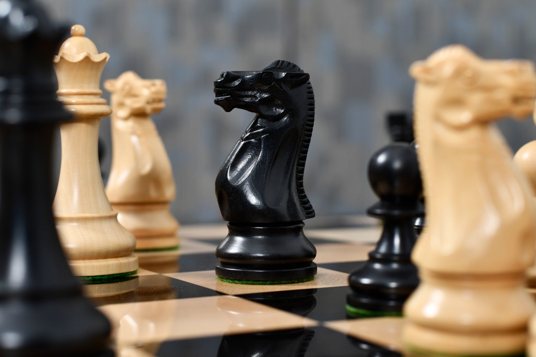 Full 34 piece Grandmaster Staunton chess set in ebonised and natural boxwood, Sterling Chess Australia