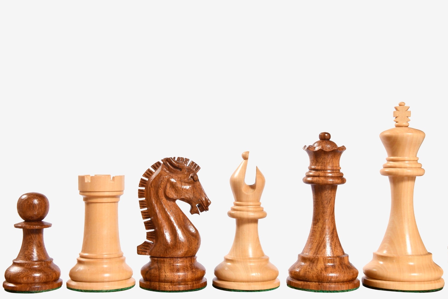 Craftsman Knight Staunton chess pieces in sheesham wood with a 99mm king