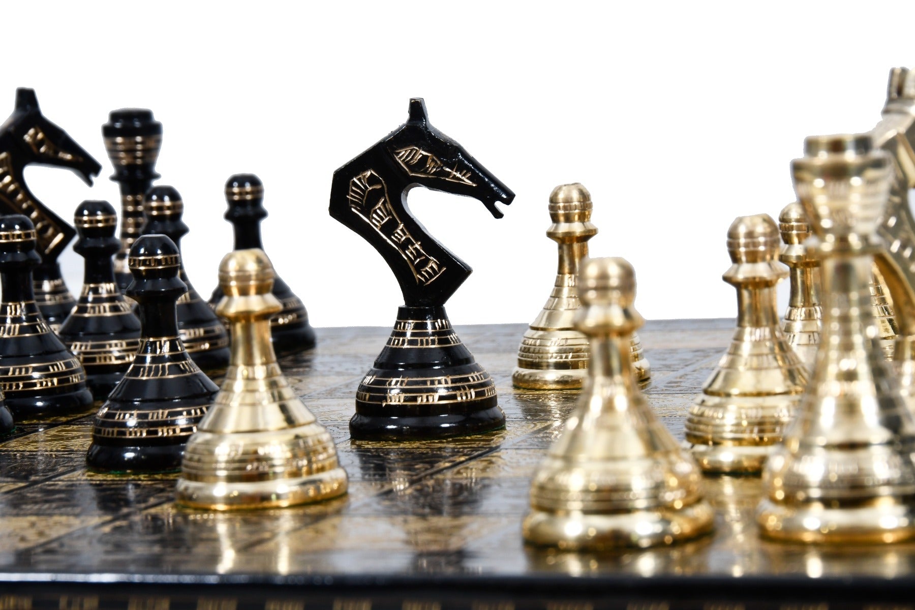 Brass metal chess set in shiny gold and black with a 35cm board