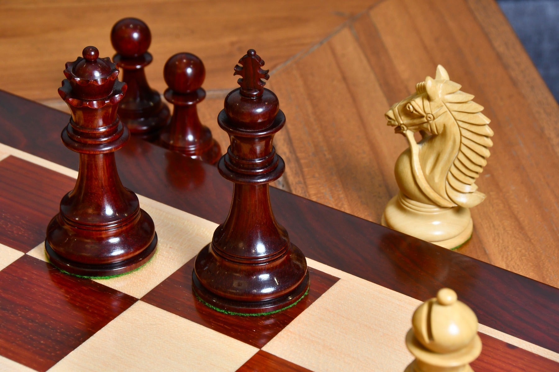 CB Bridle Series chess pieces, bud rosewood and boxwood, hand carved in India