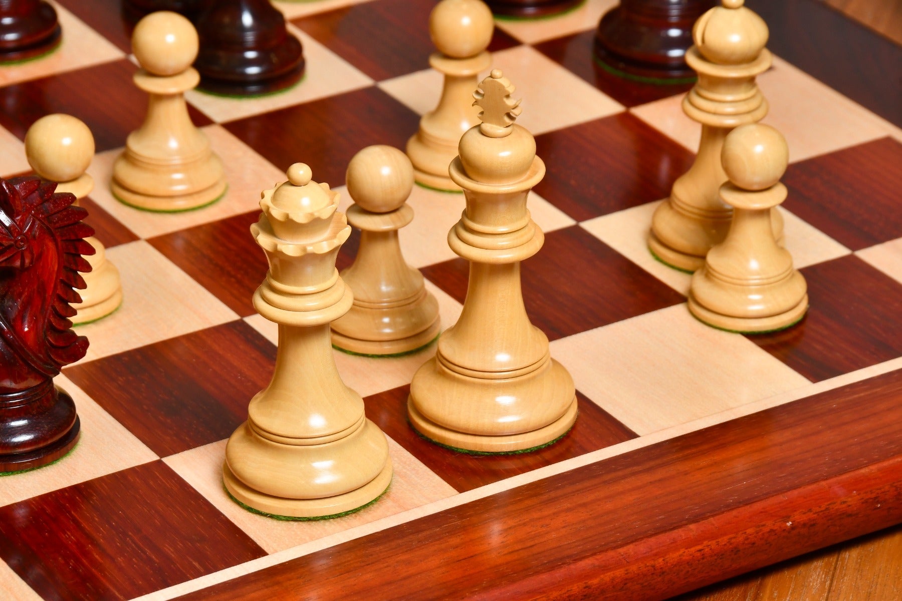 Full 34 piece CB Bridle Series chess pieces in bud rosewood and boxwood, Sterling Chess Australia