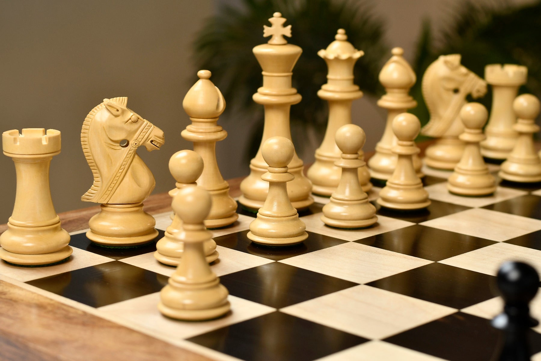 Full 34 piece Noble Bridle Series chess pieces in genuine ebony and boxwood, Sterling Chess Australia