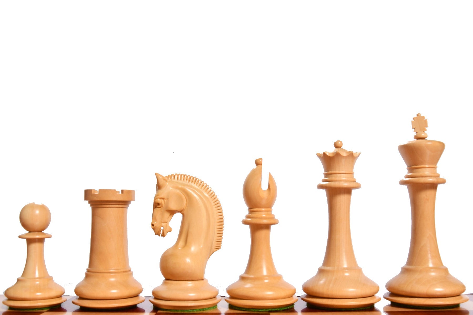 Bud rosewood chess pieces with a 112mm king and weighted felted bases