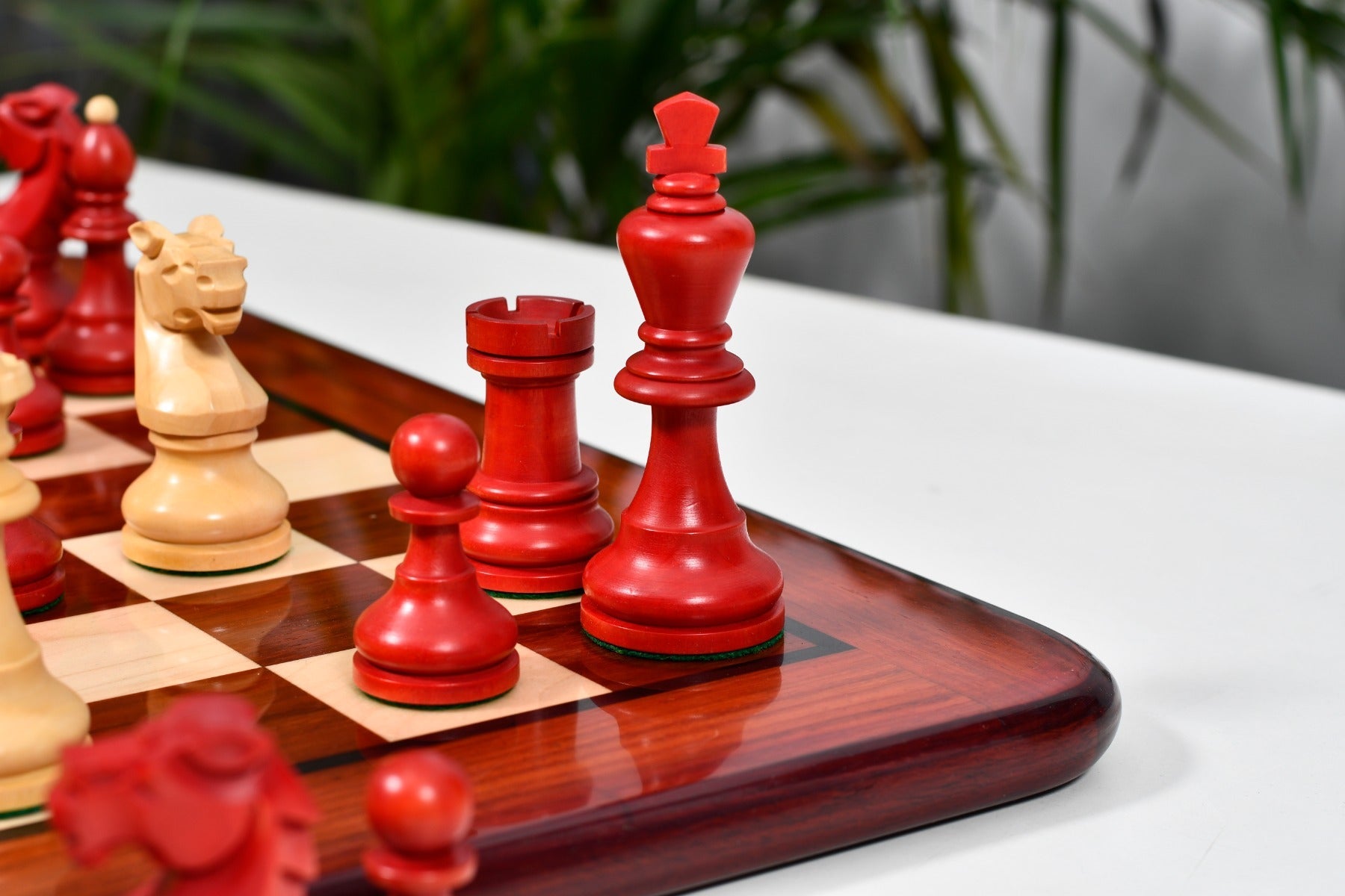1950s Bohemia German wooden chess pieces, 99mm king, Stained crimson finish