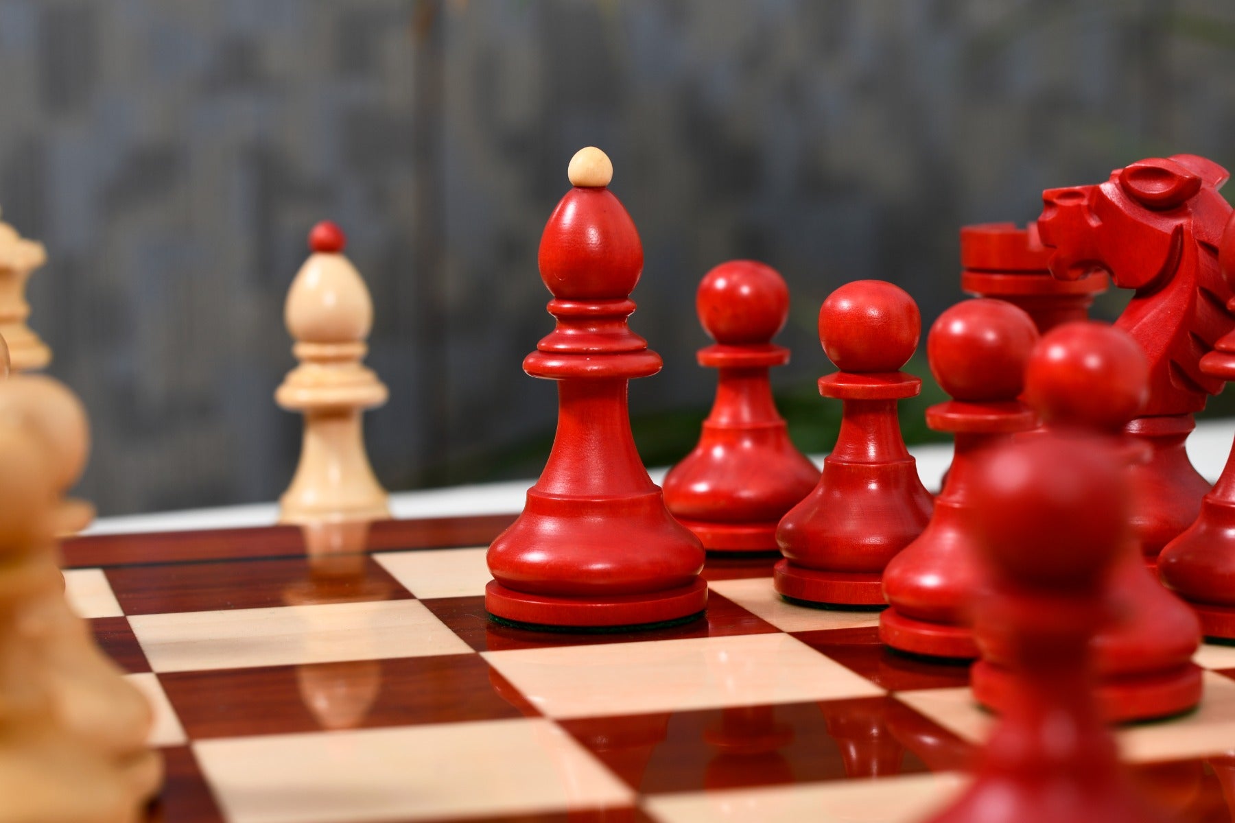 Full 34 piece 1950s Bohemia German chess set in stained crimson and natural boxwood, Sterling Chess Australia