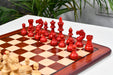 1950s Bohemia German chess pieces, stained crimson and natural boxwood, hand carved in India