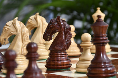 New Colombian Staunton chess set, bud rosewood and boxwood, hand carved in India