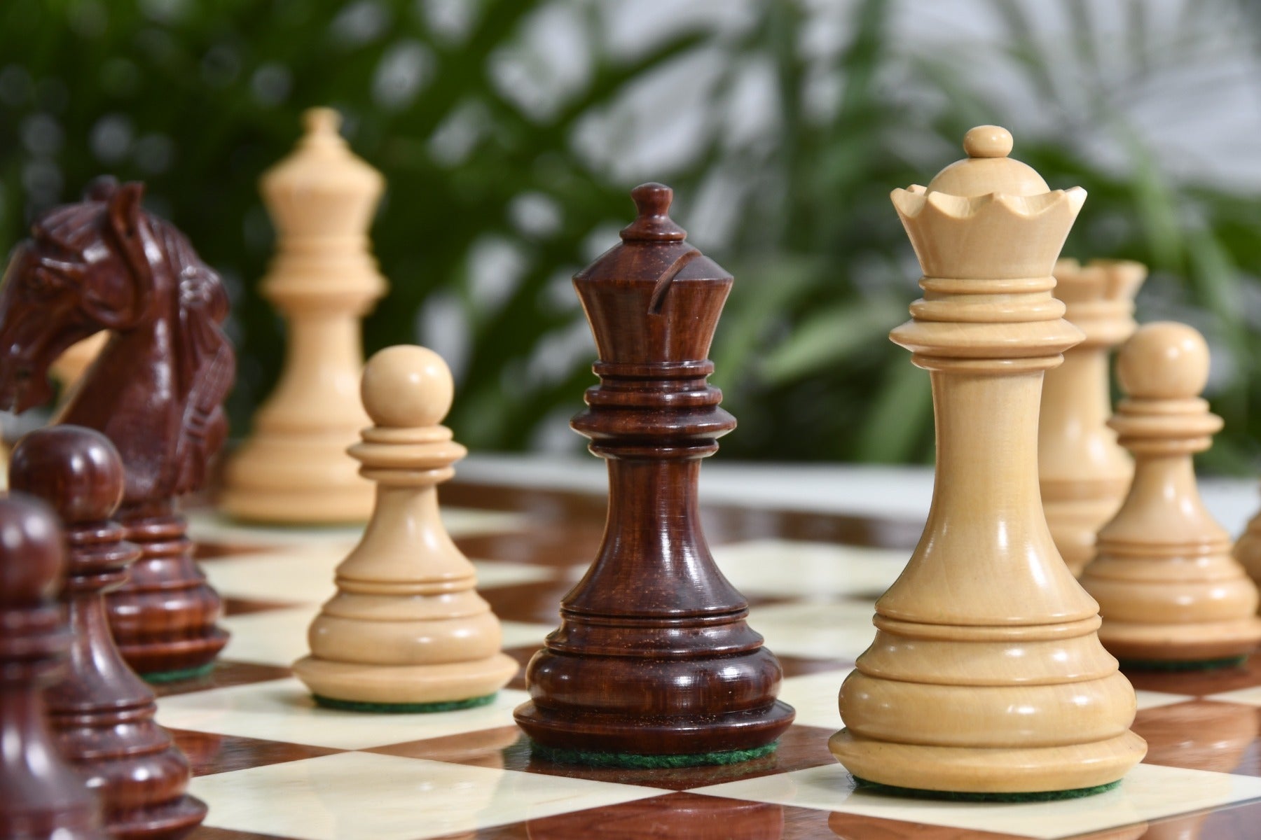 Knight carving detail on the New Colombian Staunton chess set in bud rosewood and boxwood