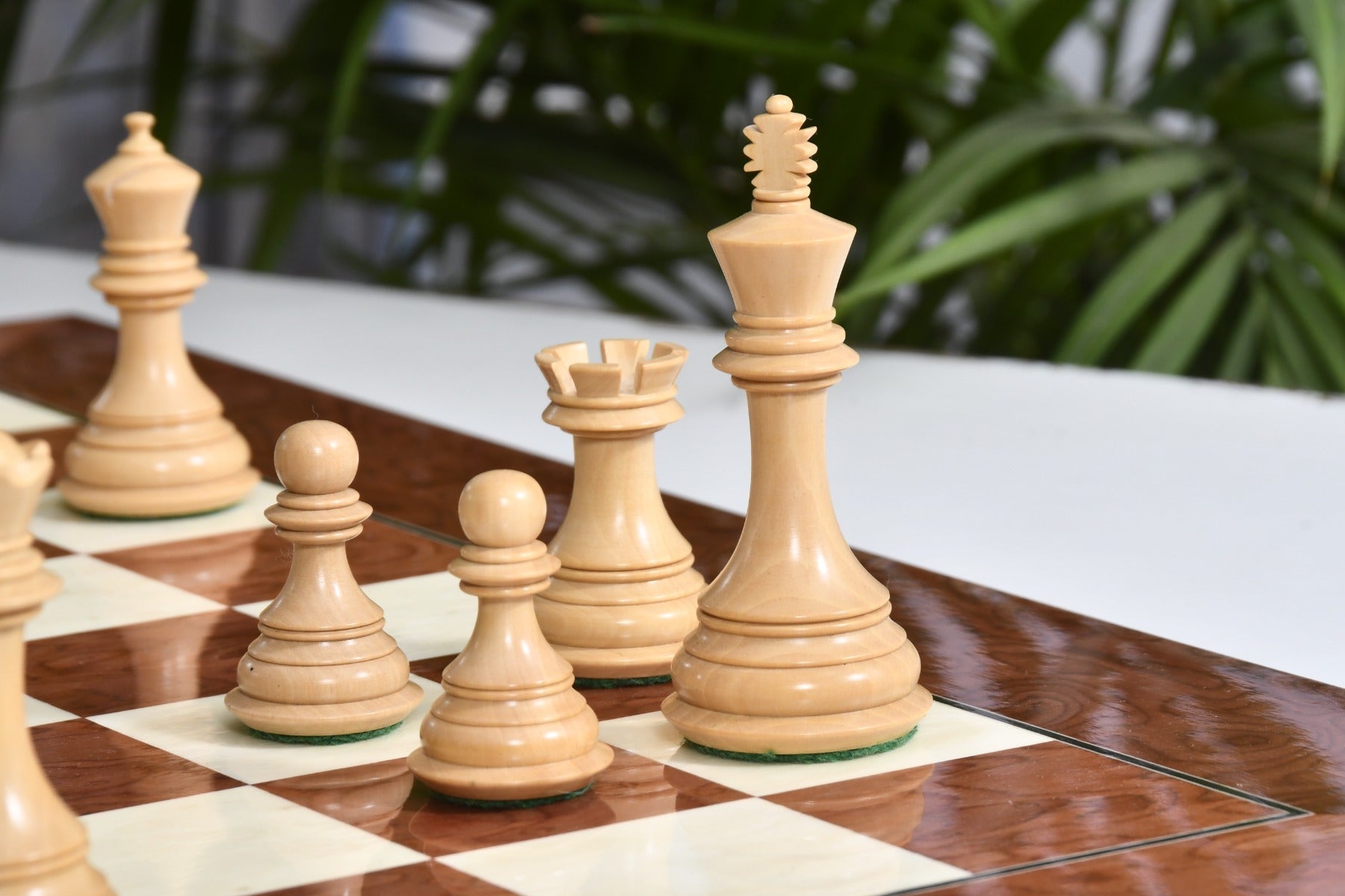 Full New Colombian Staunton chess set with its 55cm red ash burl and maple board, Sterling Chess Australia