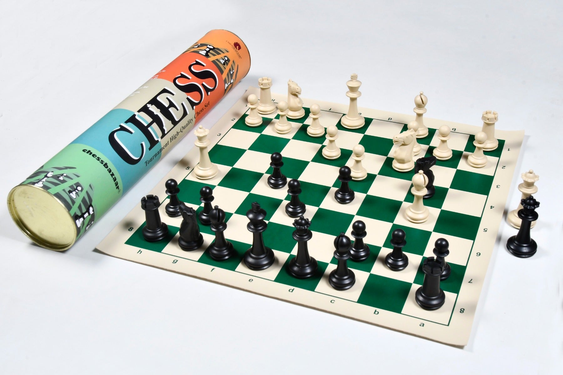 Checkmate Tournament chess set with 50cm roll-up vinyl board, 55mm squares
