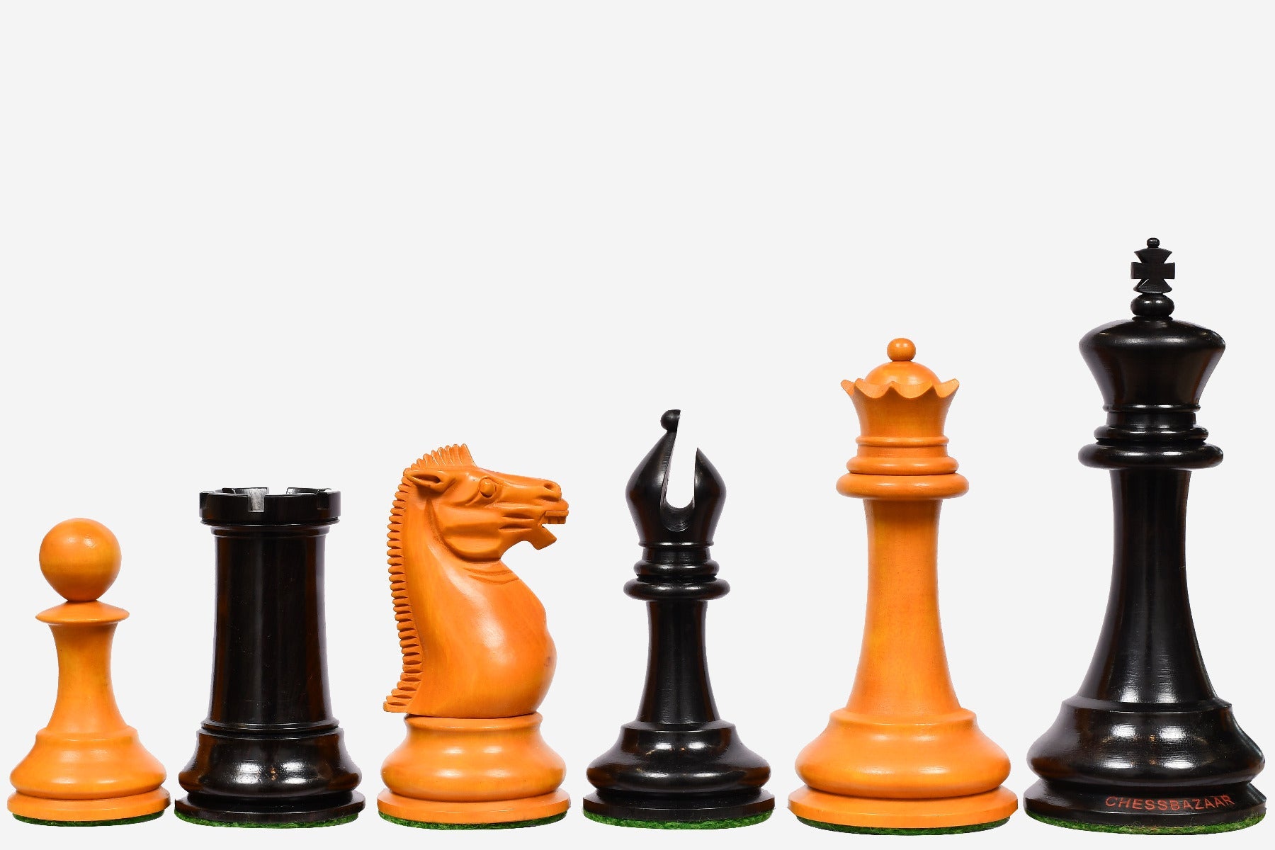 Reproduction 1860 Anderssen drop jaw Staunton chess pieces in ebony and antiqued boxwood