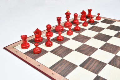 Knubbel Analysis 74mm chess pieces in stained crimson and natural boxwood