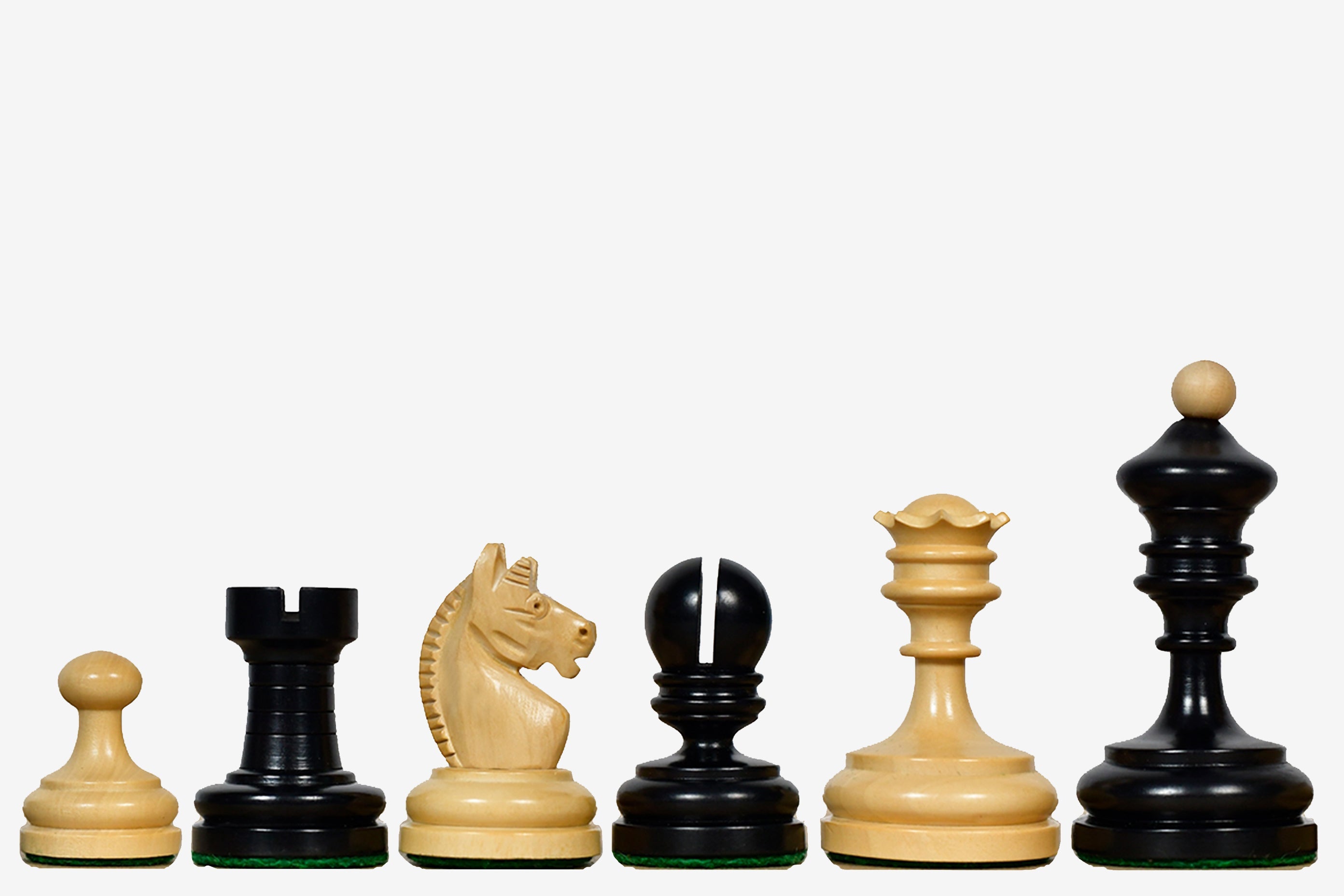 Sterling Chess 1930 Knubbel Analysis chess pieces in ebonised and natural boxwood, 74mm king