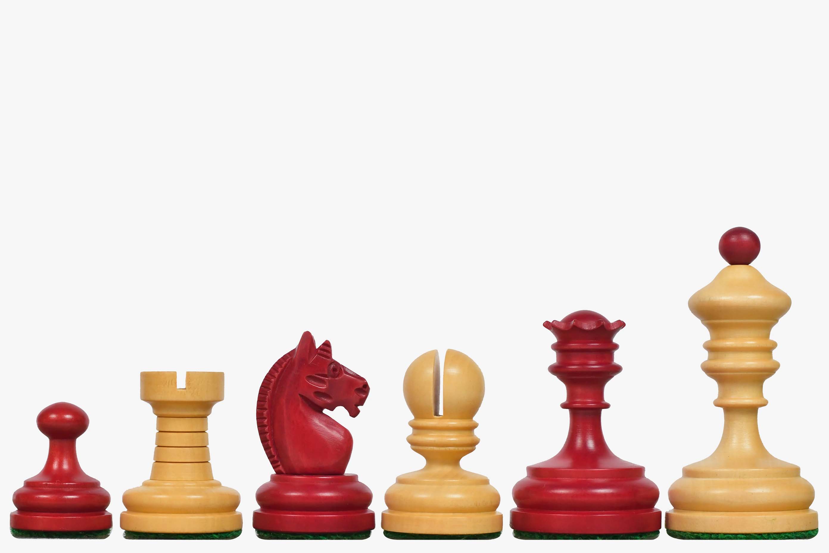 Sterling Chess 1930 Knubbel Analysis chess pieces in stained crimson and natural boxwood, 74mm king