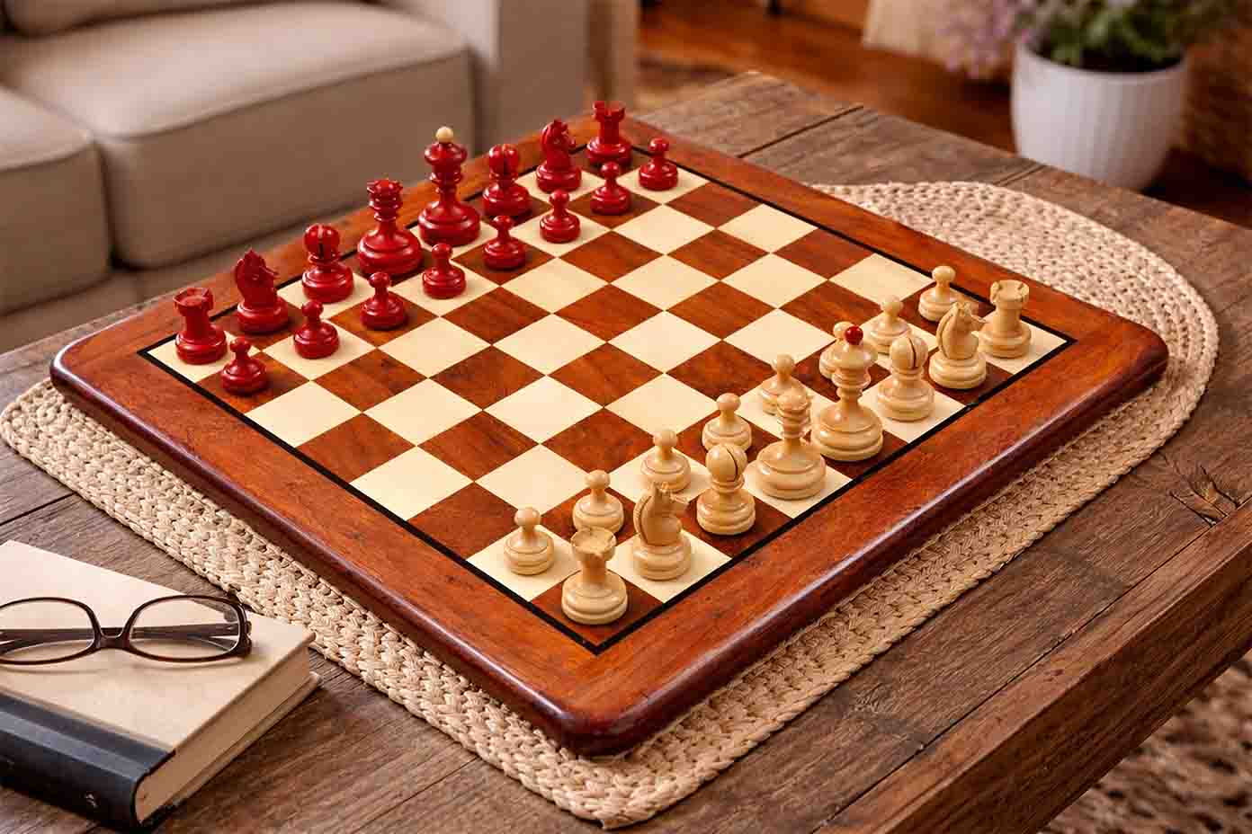 Reproduction 1930 German Knubbel chess set in stained crimson and natural boxwood