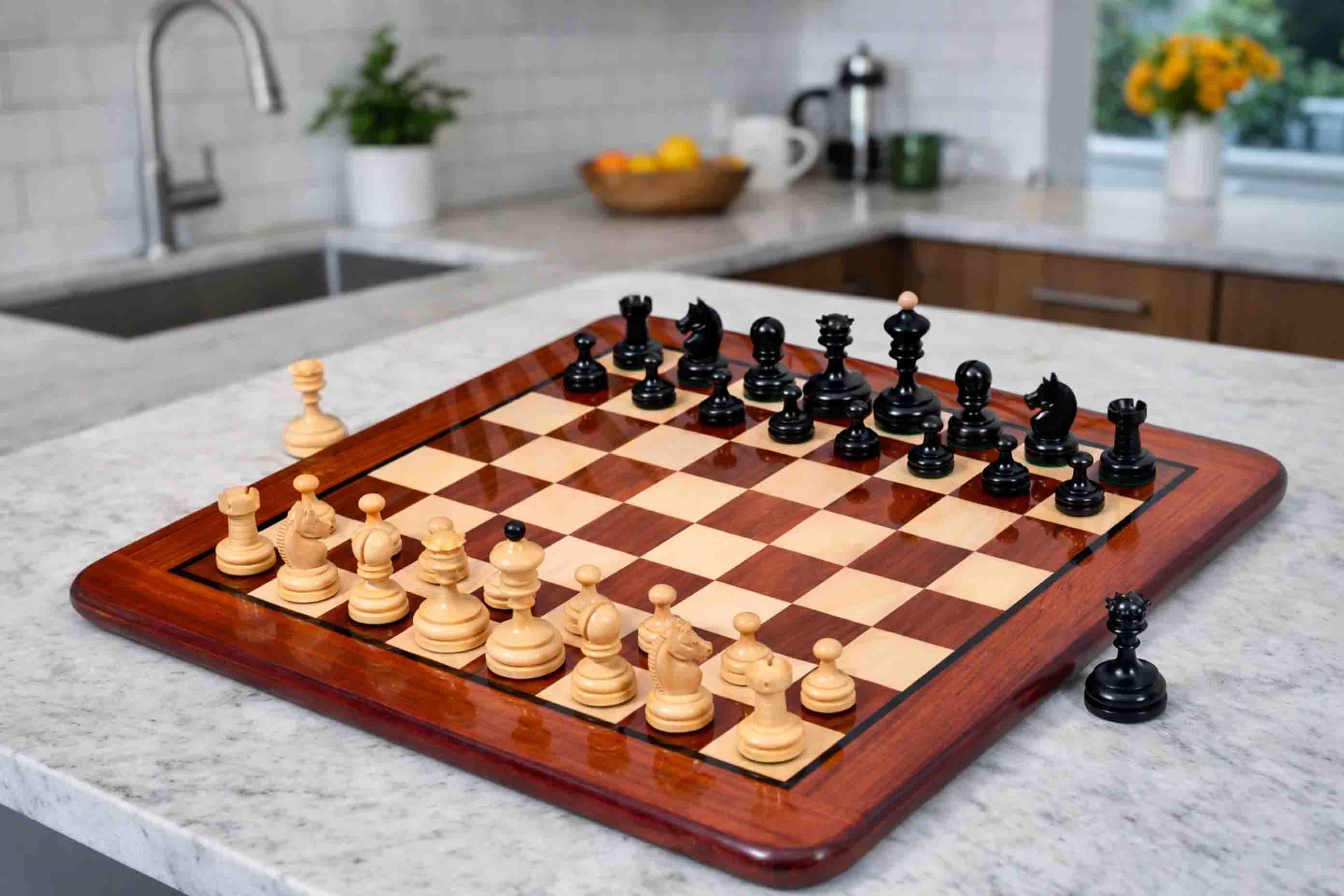 Reproduction 1930 German Knubbel chess set in ebonised and natural boxwood